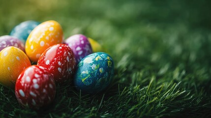 Fototapeta premium Vibrant easter eggs arranged on green grass background