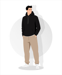 Vector illustration. A man wearing black skinny jeans and light beige pants demonstrates a minimalist yet stylish look that is suitable for any casual occasion.