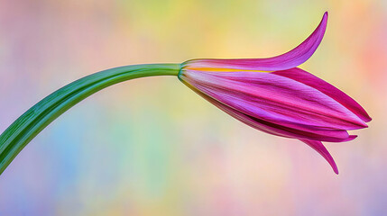 Fototapeta premium a pink flower on a green stem against a blurred backdrop of blue, yellow, pink, and green