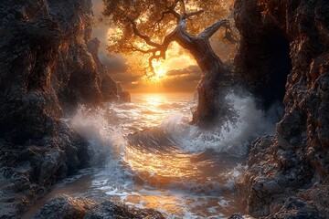 A breathtaking sunset reflects off the ocean waves crashing against rugged rock formations, with a solitary tree silhouetted against the vibrant orange hues of the sky.