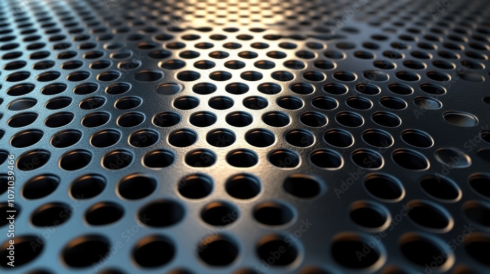 Poster close-up of a textured metal surface with circular perforations, creating an industrial and modern a
