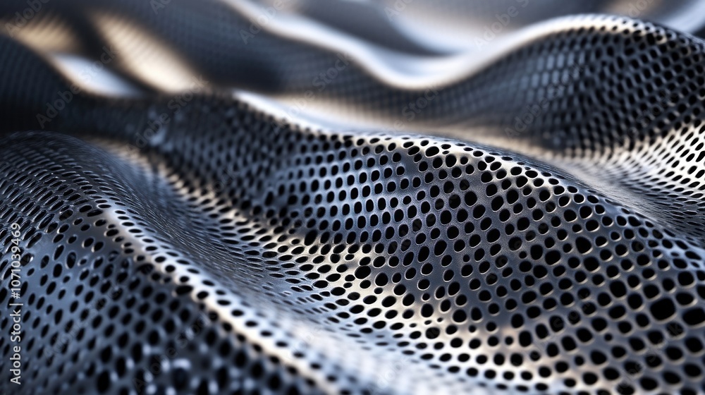 Poster a close-up of textured metal mesh, showcasing its intricate pattern and reflective qualities, creati