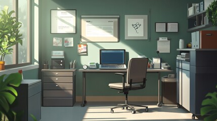 Modern online doctor's office with a laptop and medical equipment, emphasizing a contemporary approach to healthcare. The clinic features digital tools, offering remote consultations and telemedicine 