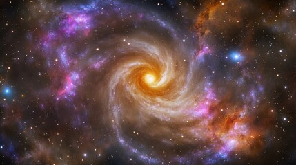 A stunning spiral galaxy illuminated by a vibrant central core, surrounded by colorful nebulae and distant stars.