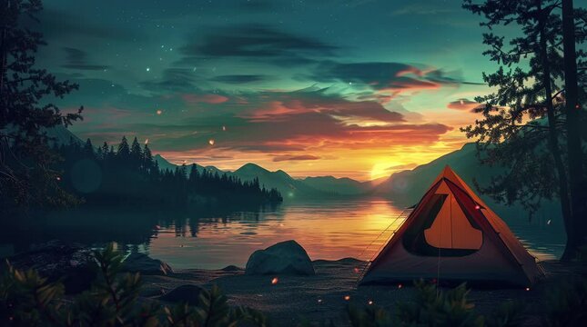 Tent by the serene lake at sunset, capturing a peaceful and adventurous camping experience
Seamless looping 4k time-lapse virtual video animation Generated AI