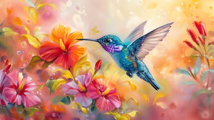 Fototapeta premium Hummingbird in Flight with Flowers