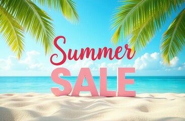 Fototapeta premium Text Summer Sale on the background of a beach with palm trees and sand