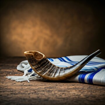 Jewish holiday. Shofar (horn) and tallit, copy space. Rosh Hashanah (New Year). Yom Kippur background (Day of Judgement). Religious symbols