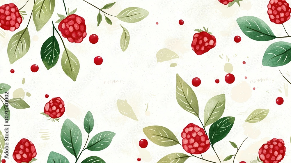 Aufkleber raspberry and leaf pattern on a white background with green leaves and red berries