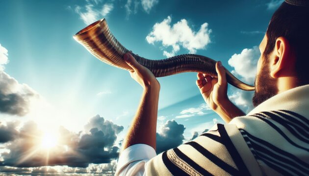 Happy Yom Kippur Happy new year Jewish man in Tallit blowing the Shofar (horn) of Rosh Hashanah (New Year Jew).Religious and Holidays in israel people of GOD.Peace Pray Freedom in Israel 300dpi