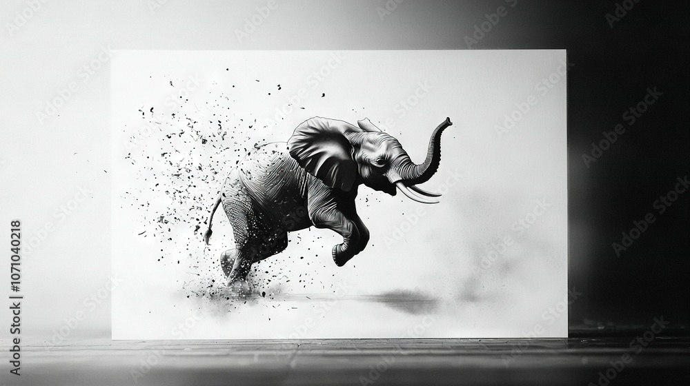 Poster black-and-white image of an elephant with splashed paint on its back and trunk