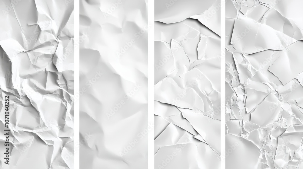 Poster textured white crumpled paper backgrounds in varying patterns, adding depth and visual interest.