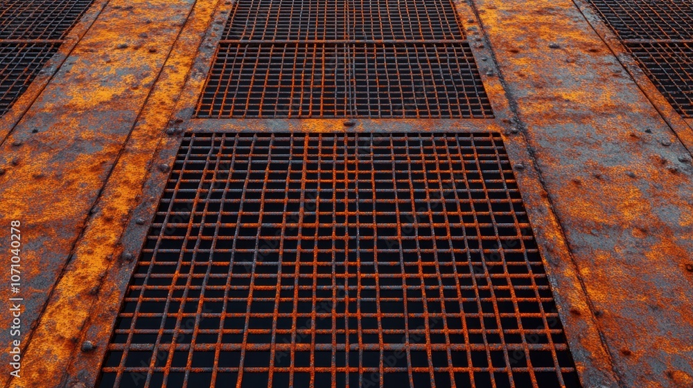 Aufkleber close-up of a rusty metal grating with intricate patterns and textured surfaces accentuated by orang