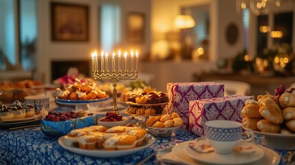 Festive Hanukkah table with a lit menorah, traditional treats, dreidels, and gifts