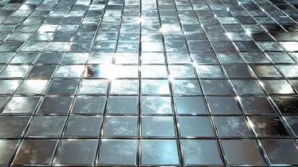 Shiny silver tiles create a reflective surface, enhancing the modern aesthetic of the space.