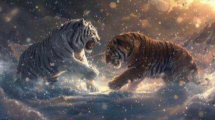 Two Tigers in a Wintery Landscape