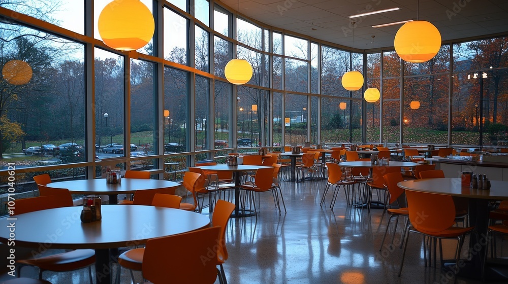 Aufkleber the dining space features several orange chairs and round tables, illuminated by soft pendant lights
