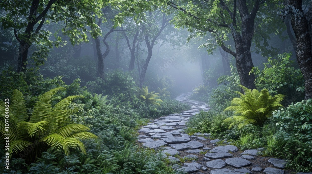Poster a tranquil forest path surrounded by lush greenery and mist, creating a serene and mysterious atmosp