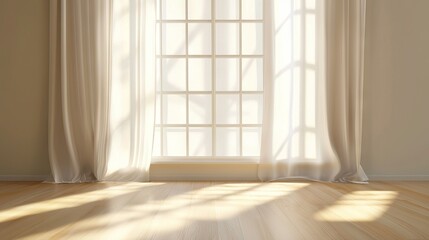   An empty room with a white curtain and sunlight filtering through the window onto wooden floorboards