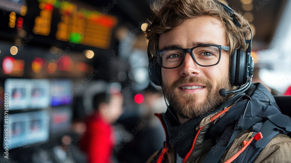 Poster operator in technical room with headset and monitor
