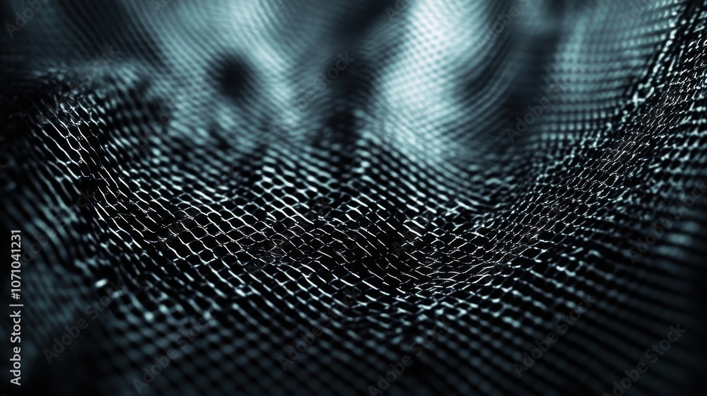Poster close-up of intricate black mesh fabric creating a depth of texture and shadow in a dark setting.