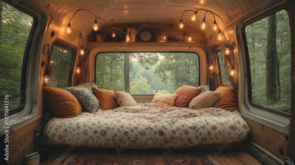 Poster The inviting interior features a large bed adorned with soft cushions and blankets, illuminated by string lights, surrounded by lush greenery outside.