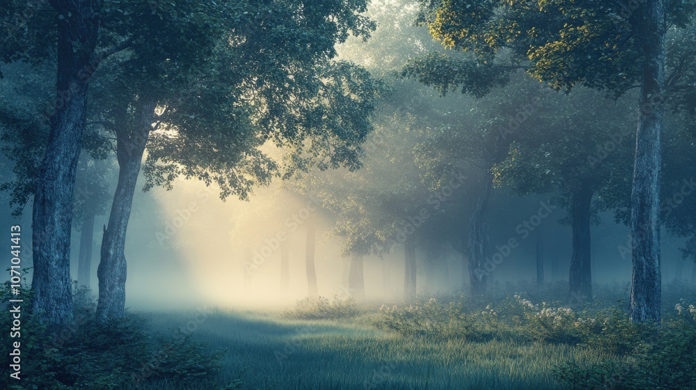 Poster a tranquil forest scene with mist hovering above lush green grass and tall trees illuminated by soft