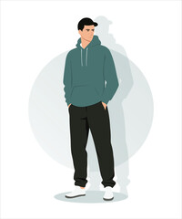 Vector illustration. Young man in green sweatshirt and dark pants. Casual style for street fashion and comfort.