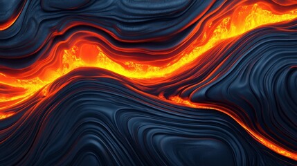A vibrant flow of molten lava contrasted against dark, textured basalt, creating a dynamic and fiery visual.