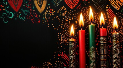 Kwanzaa, Mishumaa Saba candles in the foreground, dark background with ethnic patterns and golden accents