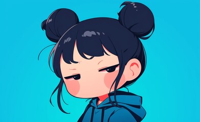 Chibi girl with black hair in two buns and bangs, wearing a blue hoodie and a snooty cartoon expression. Solid background color in a cute anime style.

