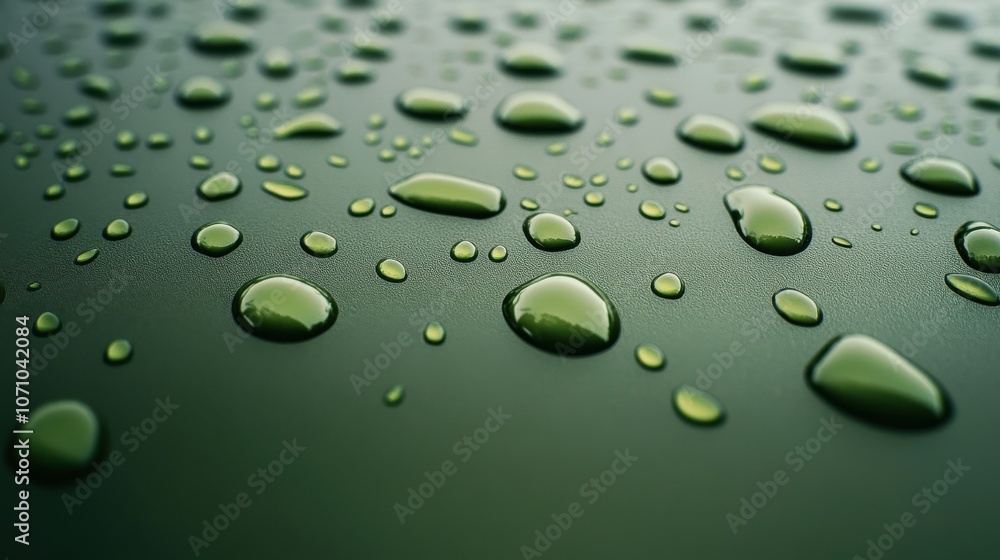 Poster close-up of glistening green droplets on a dark surface, creating a refreshing and vibrant visual ef