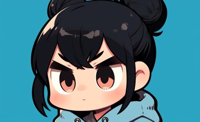 Fototapeta premium Chibi girl with black hair in two buns and bangs, wearing a blue hoodie and a snooty cartoon expression. Solid background color in a cute anime style.