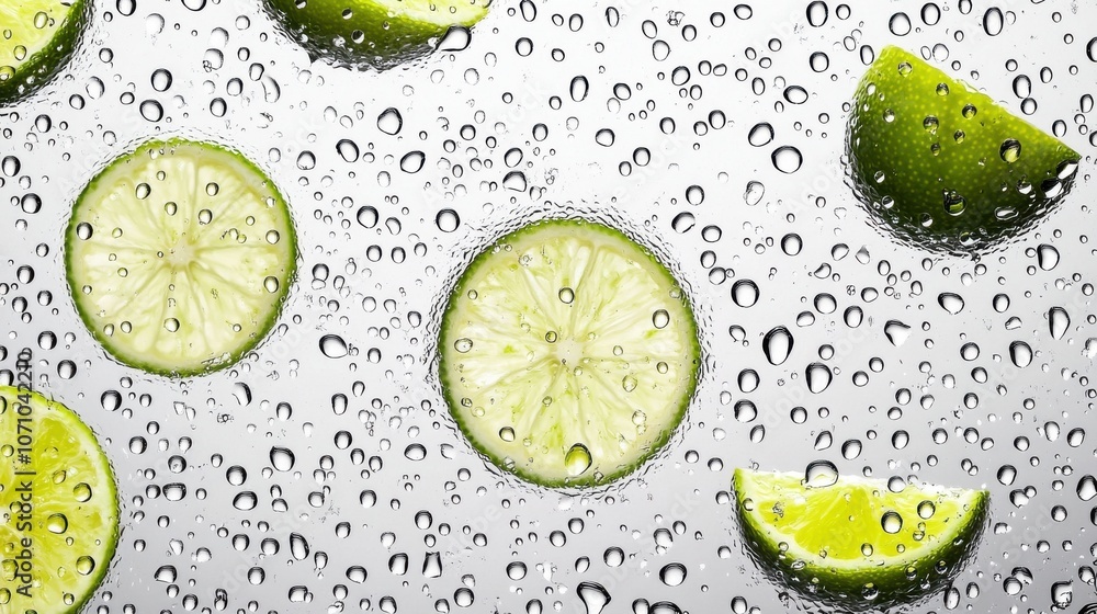 Poster fresh lime slices surrounded by droplets on a glass surface, creating a vibrant and refreshing atmos