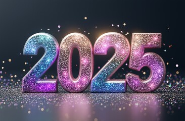Shiny glittering "2025" numbers on a dark background with colorful sparkles