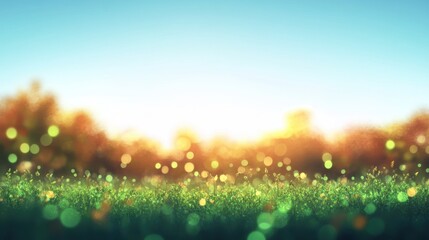 Obraz premium A peaceful landscape with soft-focus green grass and gentle bokeh effect at sunset, creating a serene atmosphere.