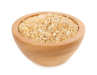 Dry wheat groats in wooden bowl isolated on white