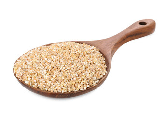Dry wheat groats in wooden spoon isolated on white