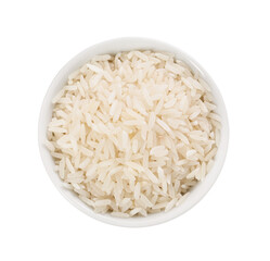 Raw rice in bowl isolated on white, top view
