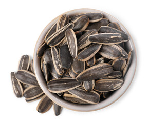Sunflower seeds in bowl isolated on white, top view