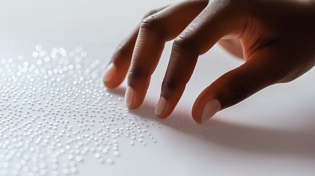 hands are reading Braille text, with copy space. Close-up view