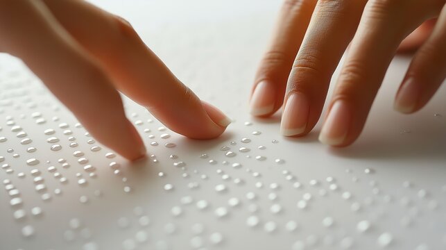 hands are reading Braille text, with copy space. Close-up view