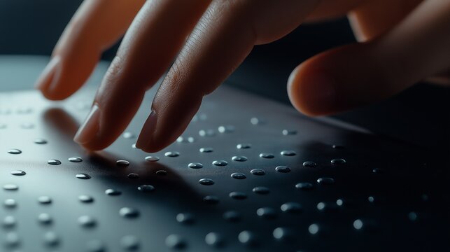 hands are reading Braille text, with copy space. Close-up view
