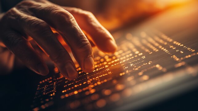 hands are reading Braille text, with copy space. Close-up view