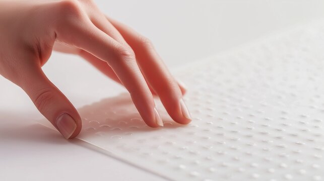 hands are reading Braille text, with copy space. Close-up view
