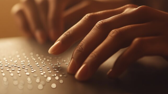 hands are reading Braille text, with copy space. Close-up view