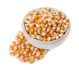 Fresh corn kernels in bowl isolated on white
