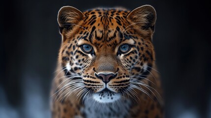 Obraz premium A close-up portrait of a leopard with piercing blue eyes looking directly at the camera.