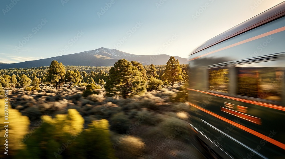 Poster a train travels through a forest with a mountain in the background and trees in the foreground
