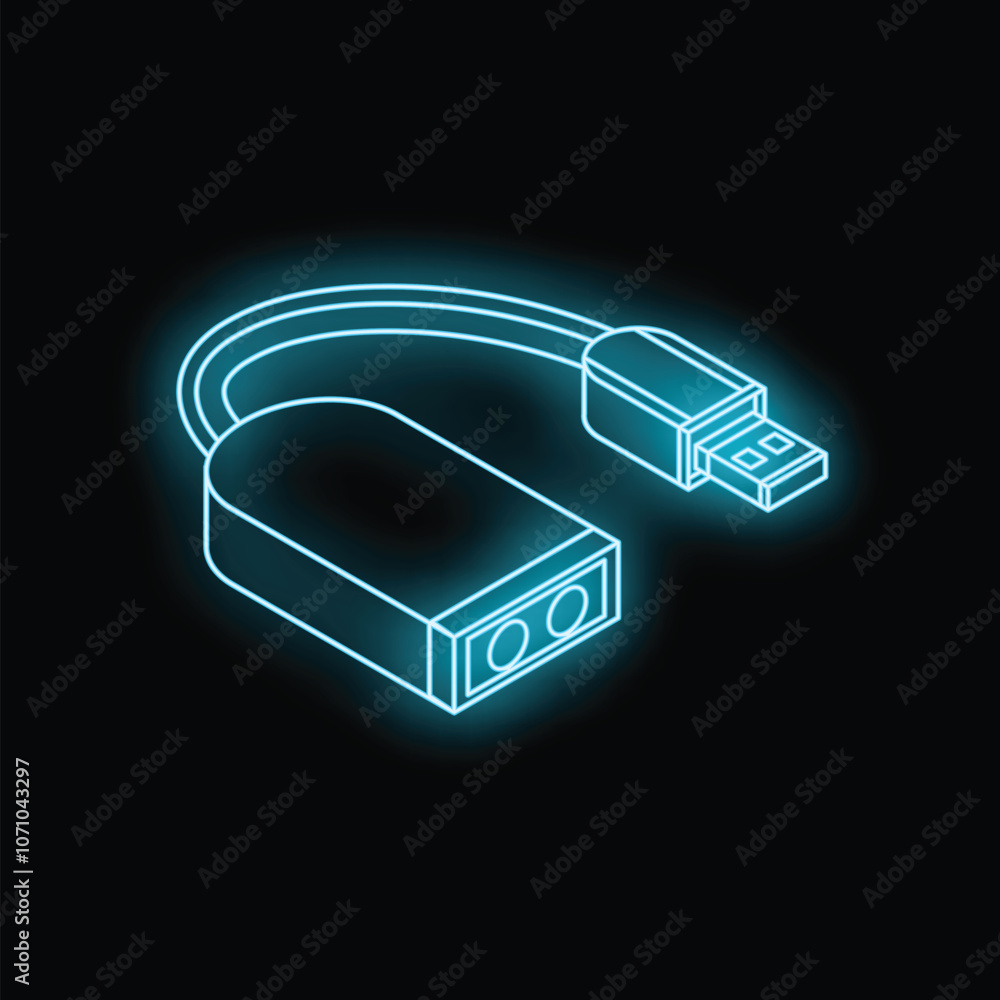 Poster neon icon of hardware security key glowing on black background, concept of cybersecurity and two fac